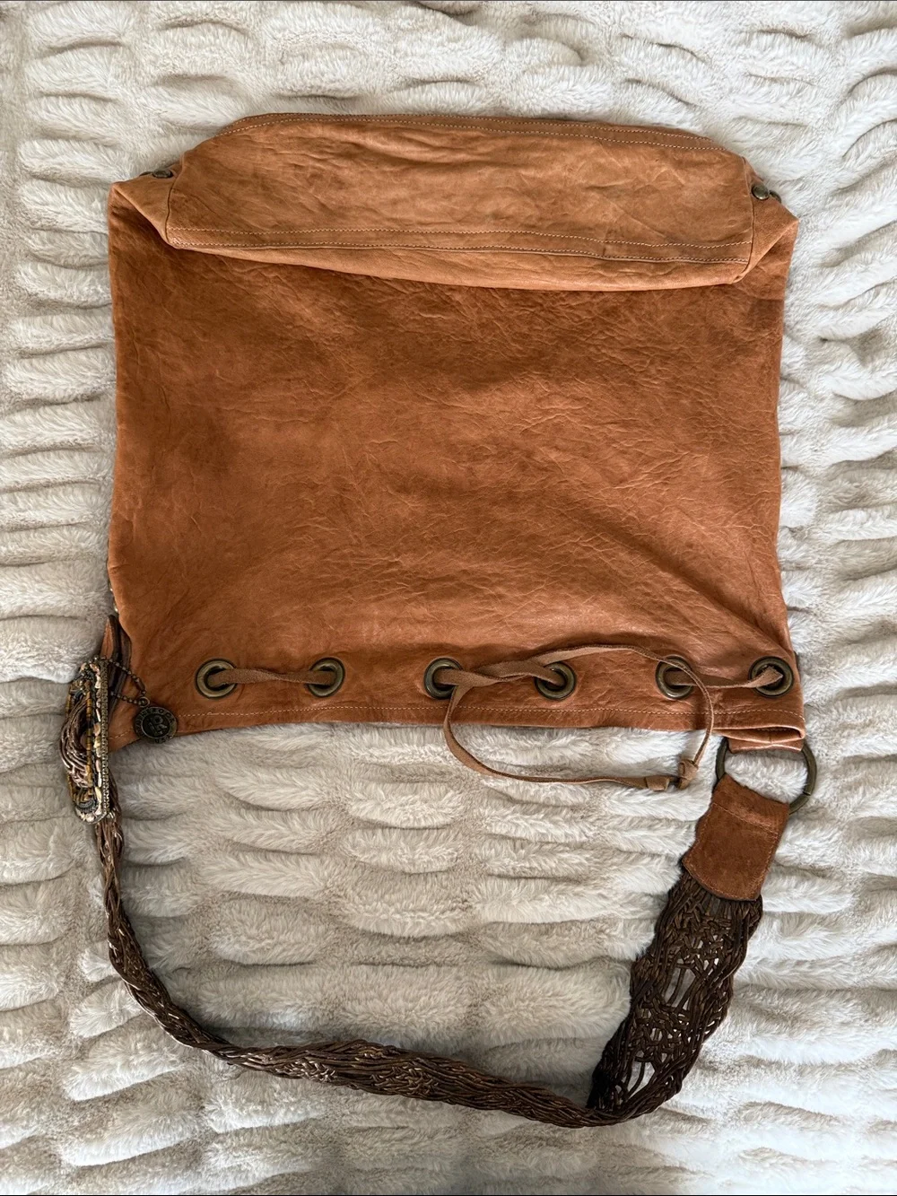 Leather Rock Cognac Drawstring Hobo Bag with Woven Strap